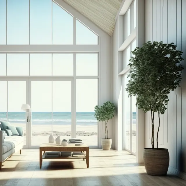 A bright beachfront rental living room